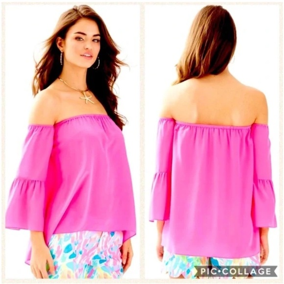 Lilly Pulitzer Sanilla Silk Off The Shoulder Top In Pink Fusion Blouse size XXS - Picture 1 of 16